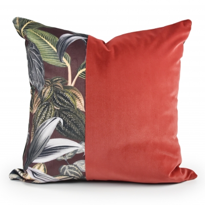 拼接絨布抱枕 熱帶雨林系列 -勃艮第紅